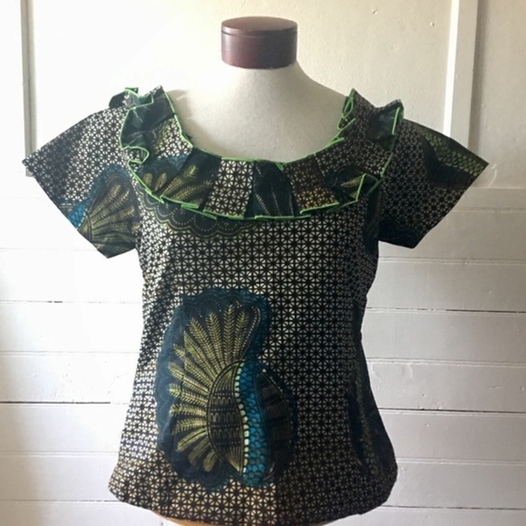 African Wax Print Ruffle Neck Short Sleeve Structured Handmade Blouse - Picture 2 of 9